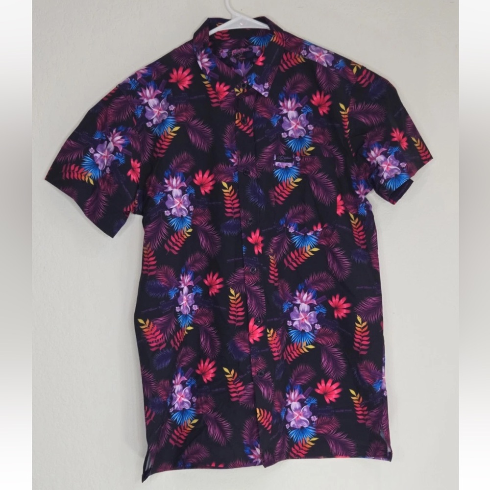 Retro Rifle Shirt Black Floral Print Tropical Hawaiian Button Up Stretch Size M